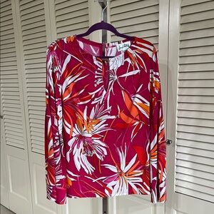 Joseph Ribkoff Berry, Orange and White Blouse with Gold Clasp neckline